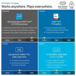 HP Pavilion 15.6" Laptop, Intel Core I5-1235U, 12GB Memory, 256GB SSD, Windows 11 (68T79UA#ABA)